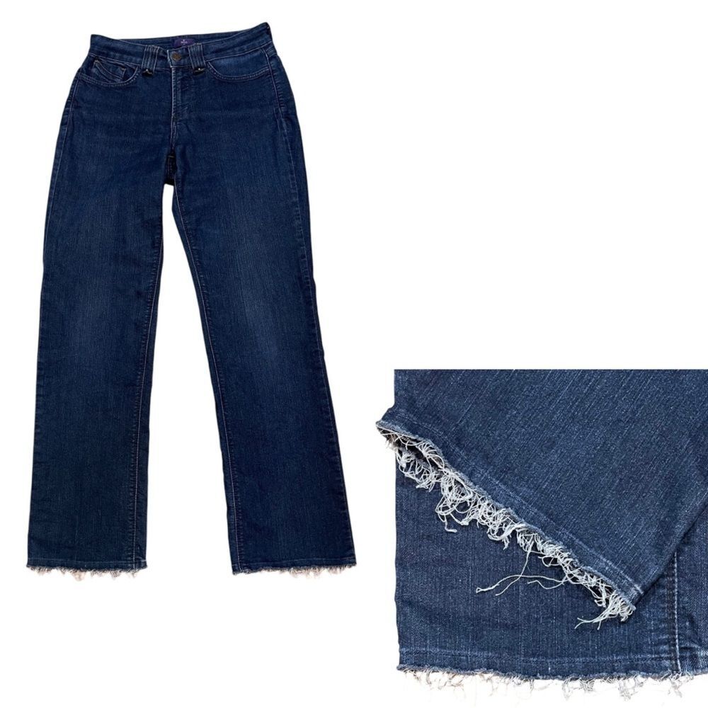 NYDJ Straight Leg Jeans Stretch Mid Rise Blue Denim Medium Wash Raw Hem Size 2
